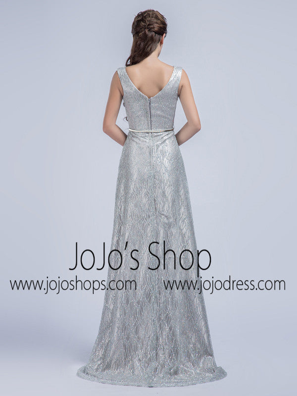 Elegant Grecian Gray Lace Formal Prom Dress with V Neck