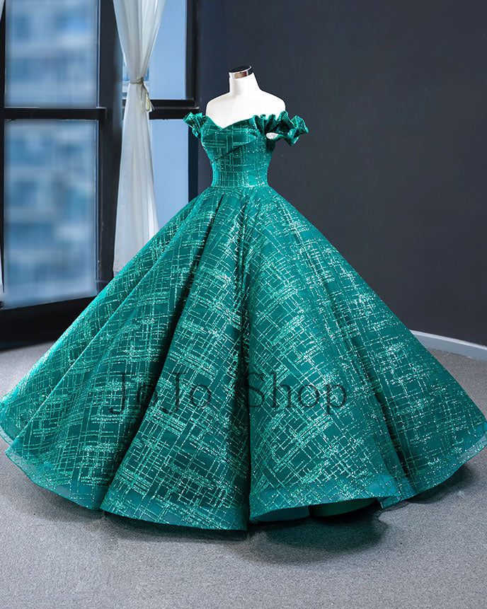 Green Ball Gown Evening Dress with Off the Shoulder Neckline RS210103