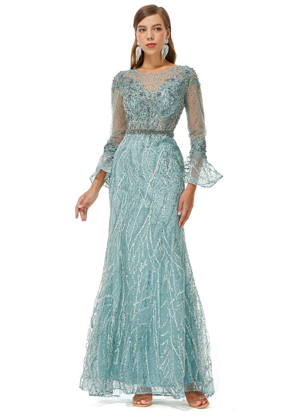 Mint Sparkly Maxi Formal Prom Dress EN4501