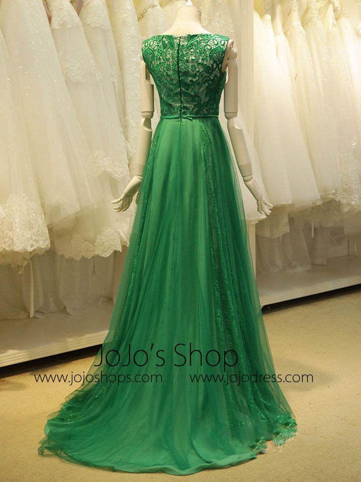 Modest Green Long Lace Formal Evening Dress