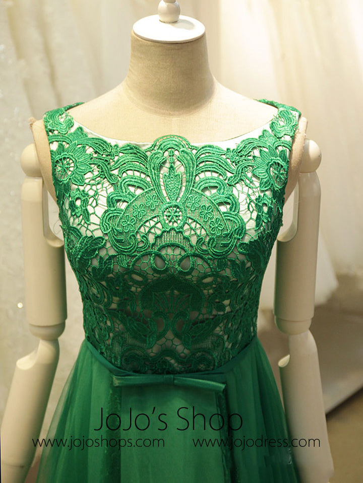 Modest Green Long Lace Formal Evening Dress