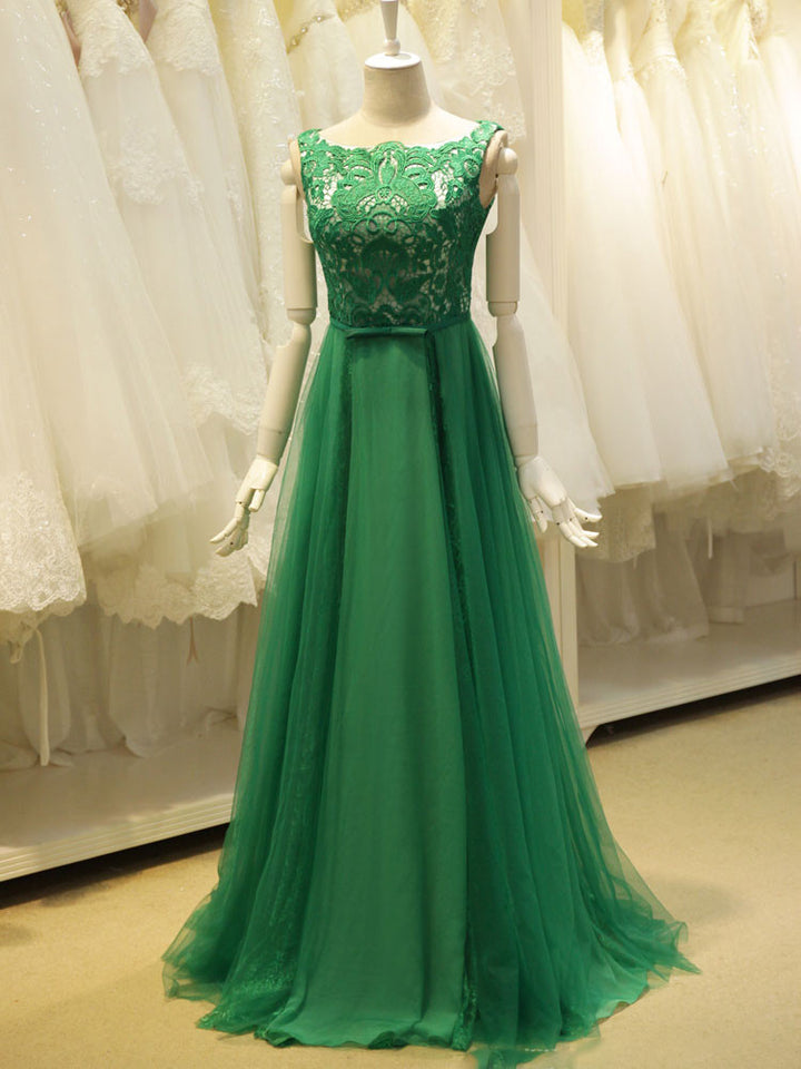 Modest Green Long Lace Formal Evening Dress