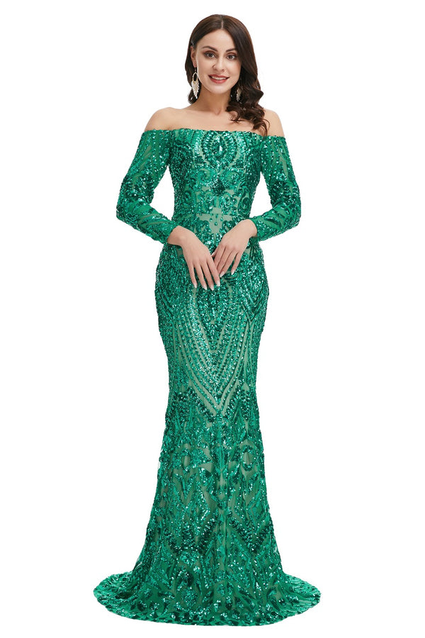 Sexy Green Off the Shoulder Maxi Fitted Gala Formal Evening Dress EN5009