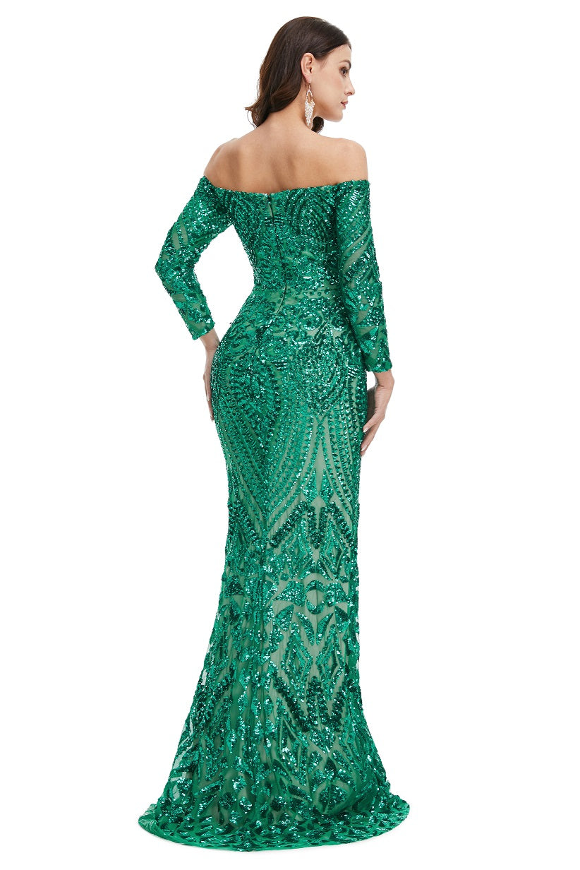 Sexy Green Off the Shoulder Maxi Fitted Gala Formal Evening Dress EN5009
