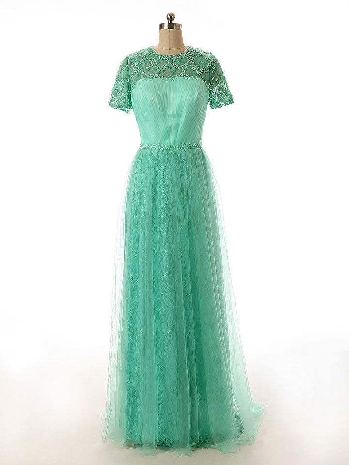 Green Modest Lace Formal Dress with Short Sleeves