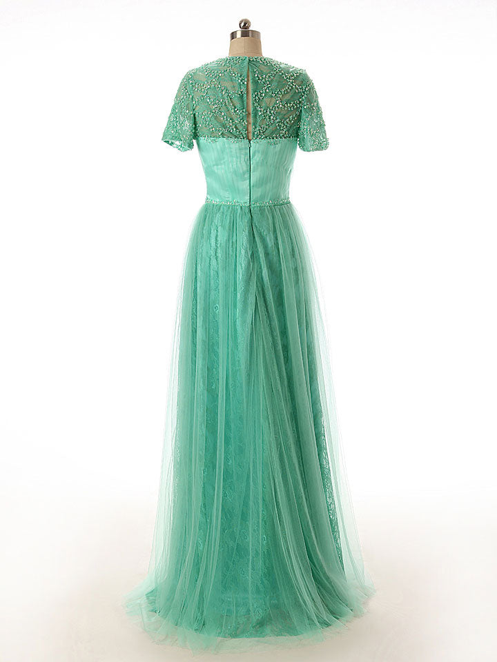 Green Modest Lace Formal Dress with Short Sleeves
