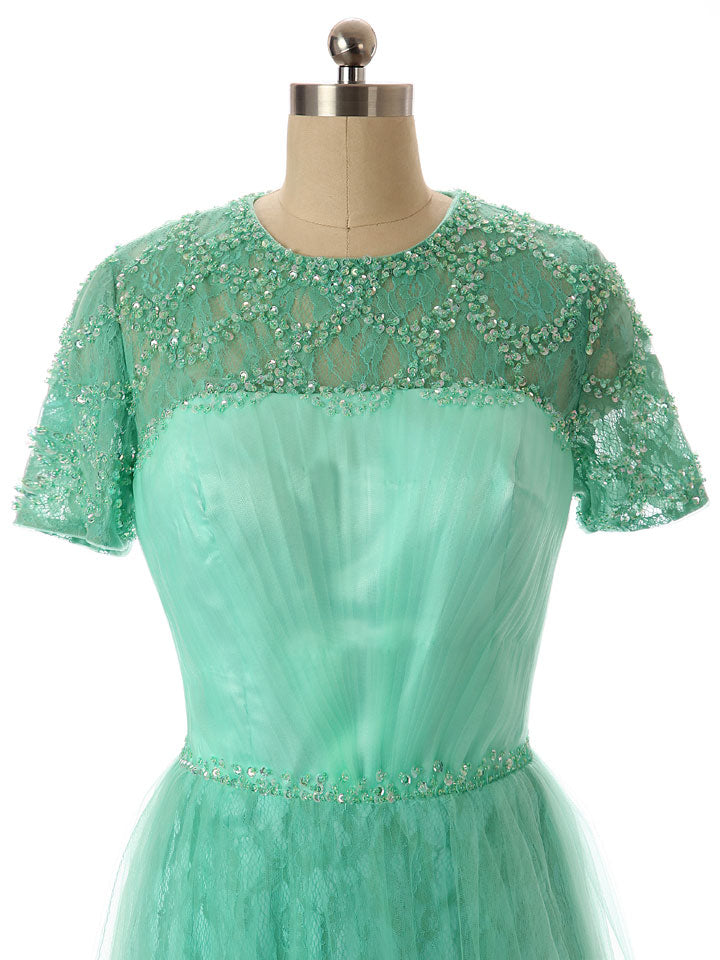 Green Modest Lace Formal Dress with Short Sleeves