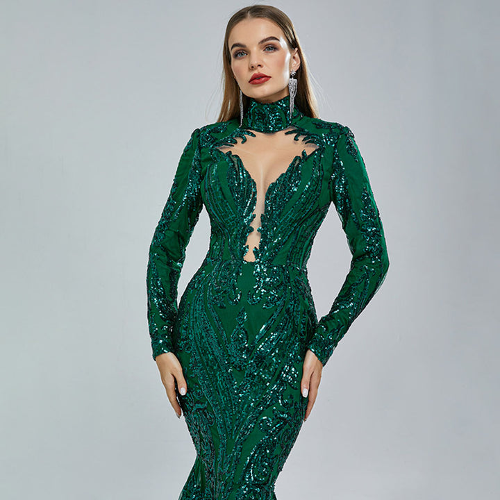 Sexy Long Green Sequins Lace Formal Evening Dress with Halter Neck EN5411