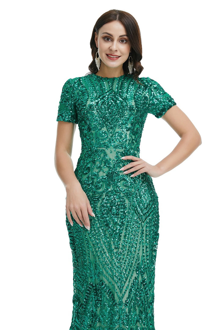Green Modest Maxi Fitted Gala Formal Evening Dress EN5010