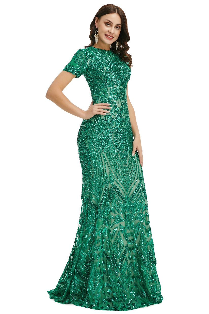 Green Modest Maxi Fitted Gala Formal Evening Dress EN5010