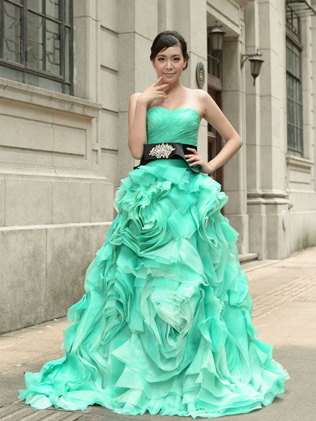Green Strapless Prom Performance Formal Evening Dress with Ruffle Rosette Skirt