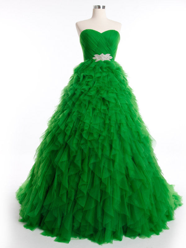 Green Strapless Ball Gown Tulle Ball Gown with Ruffle Skirt | RS3012