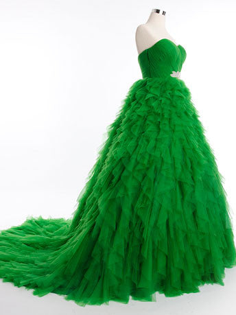 Green Strapless Ball Gown Tulle Ball Gown with Ruffle Skirt | RS3012
