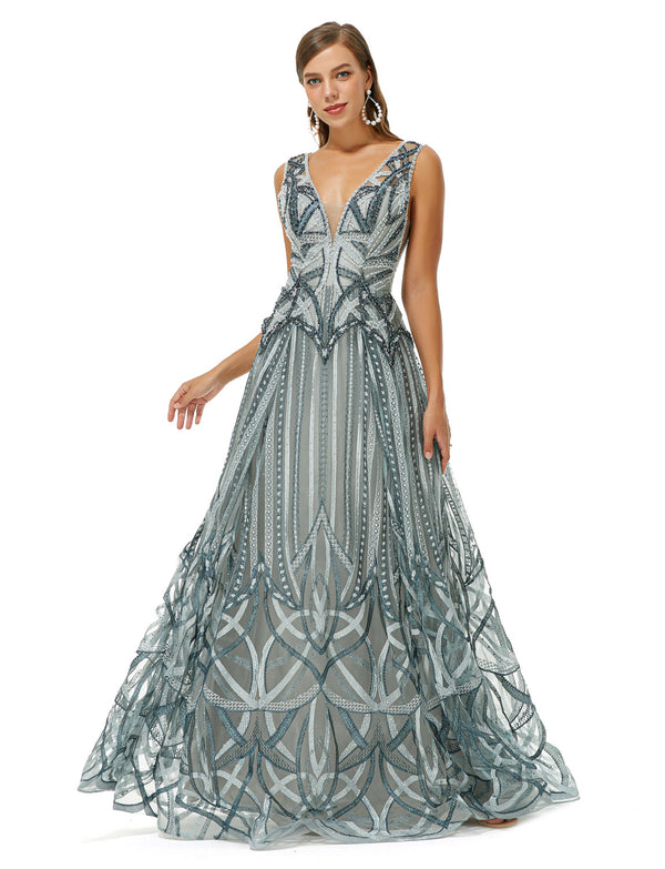 Silver Gray Maxi Ball Gown Formal Gala Prom Evening Dress EN4506