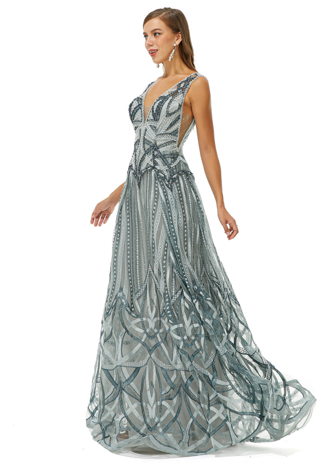 Silver Gray Maxi Ball Gown Formal Gala Prom Evening Dress EN4506