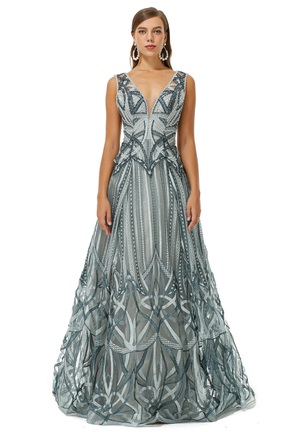 Silver Gray Maxi Ball Gown Formal Gala Prom Evening Dress EN4506