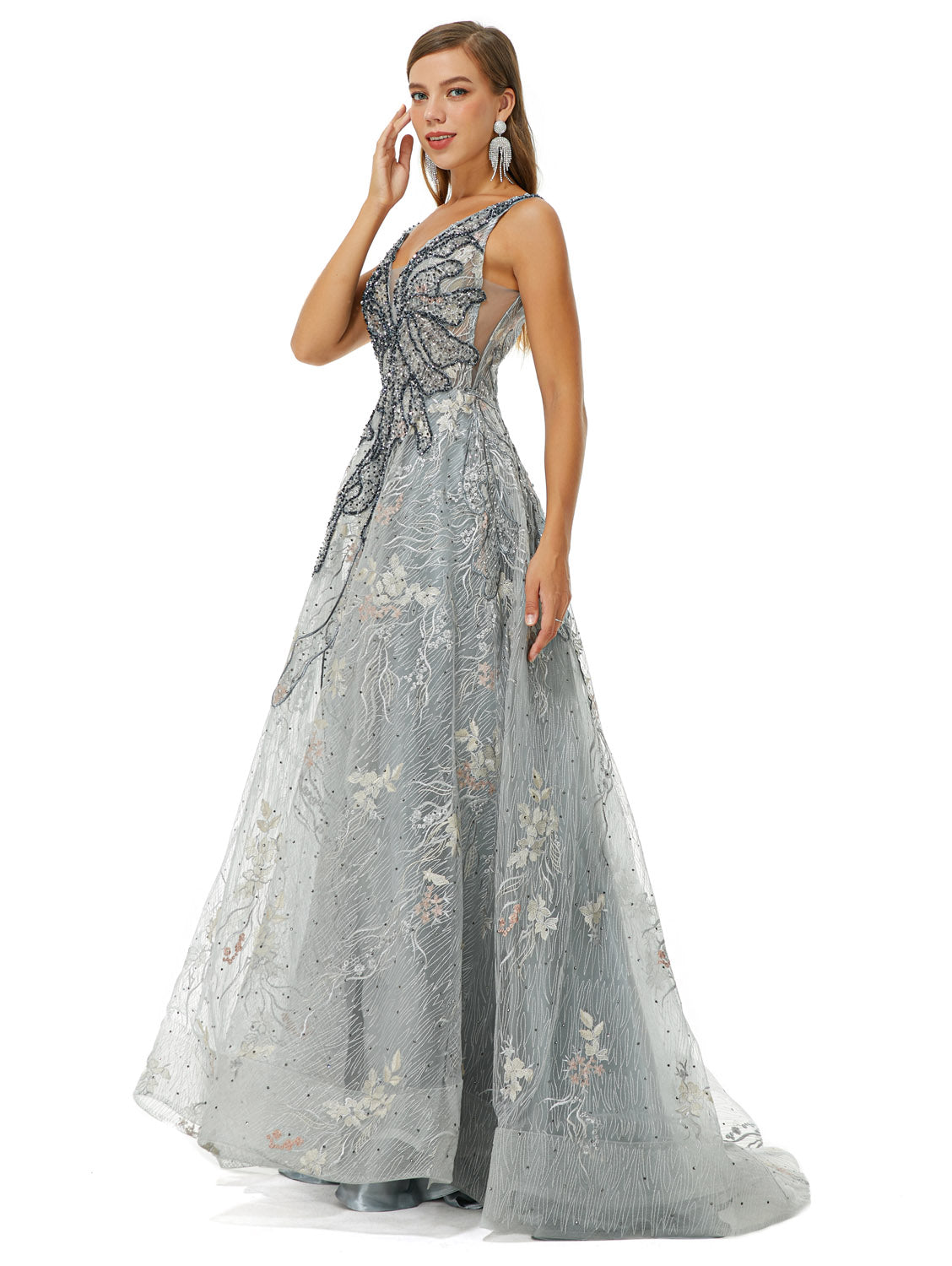 Silver Ball Gown Formal Gala Prom Evening Dress EN4502