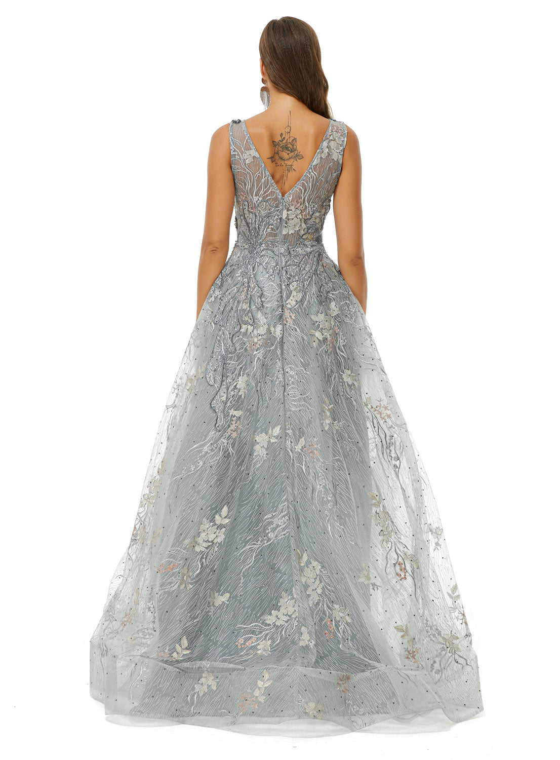 Silver Ball Gown Formal Gala Prom Evening Dress EN4502