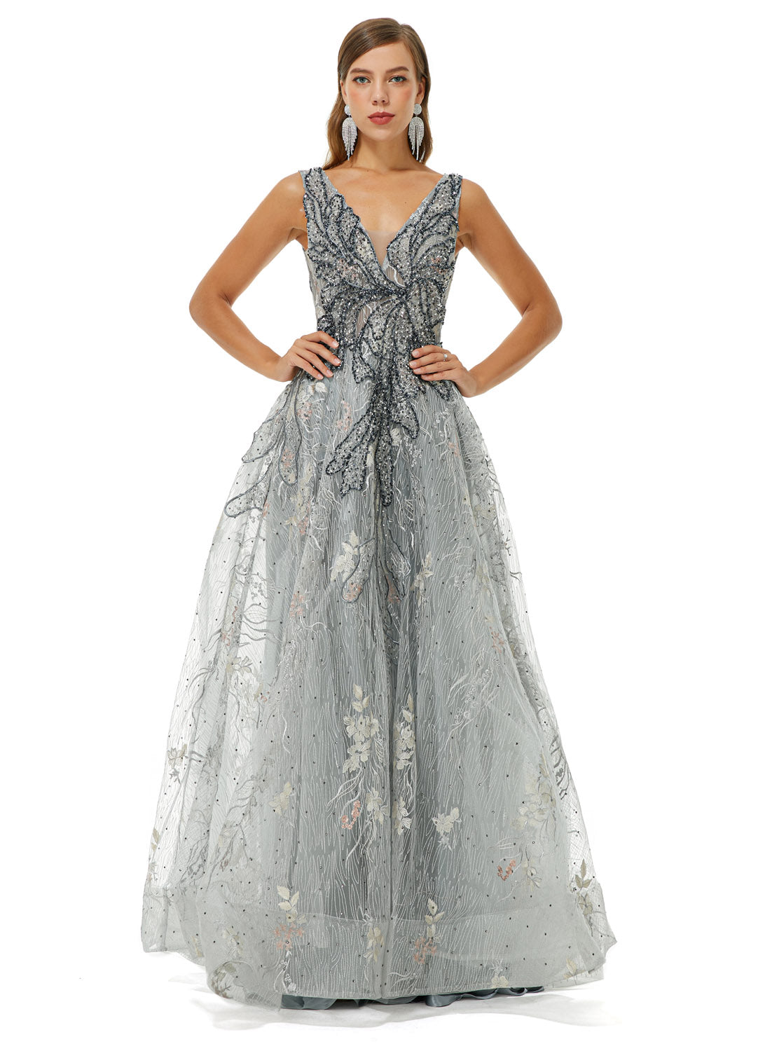 Silver Ball Gown Formal Gala Prom Evening Dress EN4502