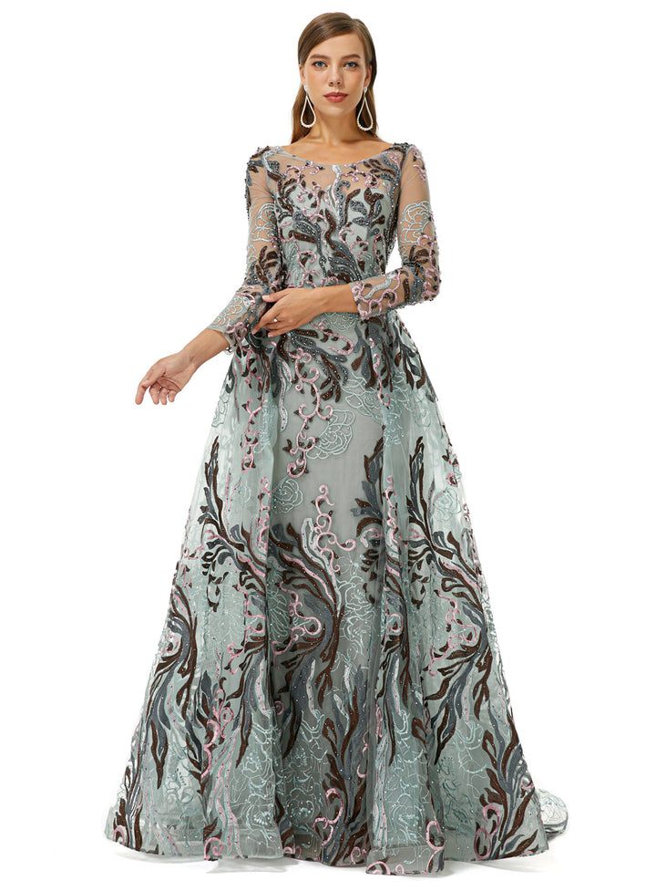 Silver Glitter Lace Maxi Ball Gown Formal Prom Gala Dress EN4513