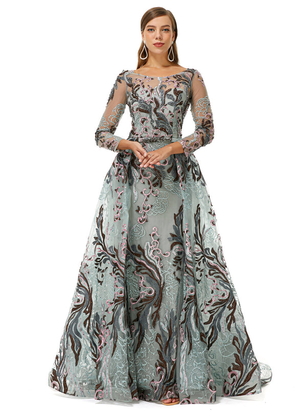 Silver Glitter Lace Maxi Ball Gown Formal Prom Gala Dress EN4513