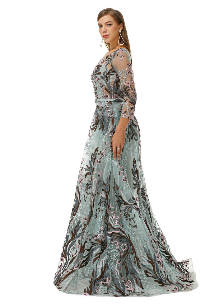 Silver Glitter Lace Maxi Ball Gown Formal Prom Gala Dress EN4513