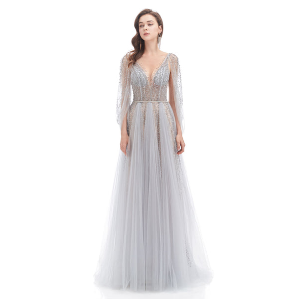 Gray Sparkly Maxi Full Length Formal Evening Dress EN4612