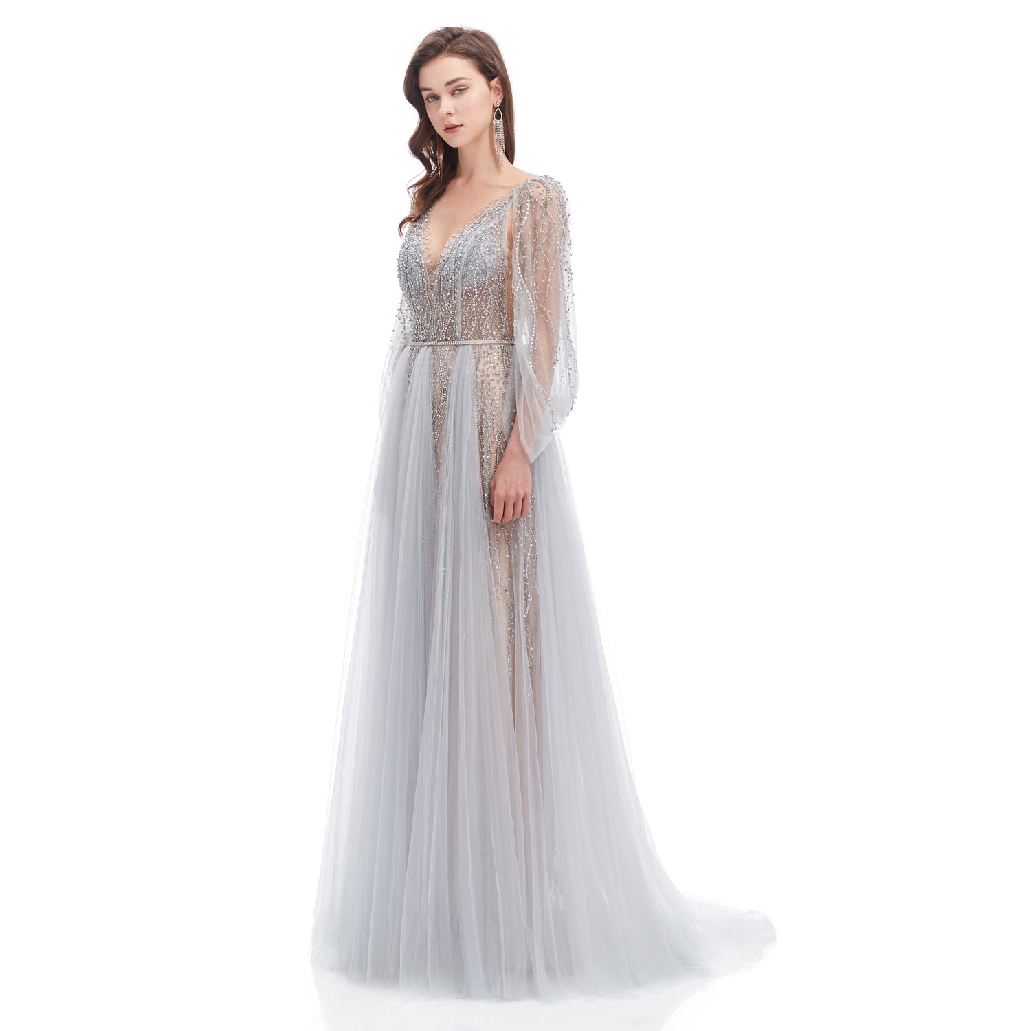 Gray Sparkly Maxi Full Length Formal Evening Dress EN4612