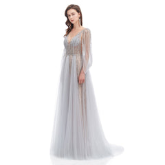 Gray Sparkly Maxi Full Length Formal Evening Dress EN4612