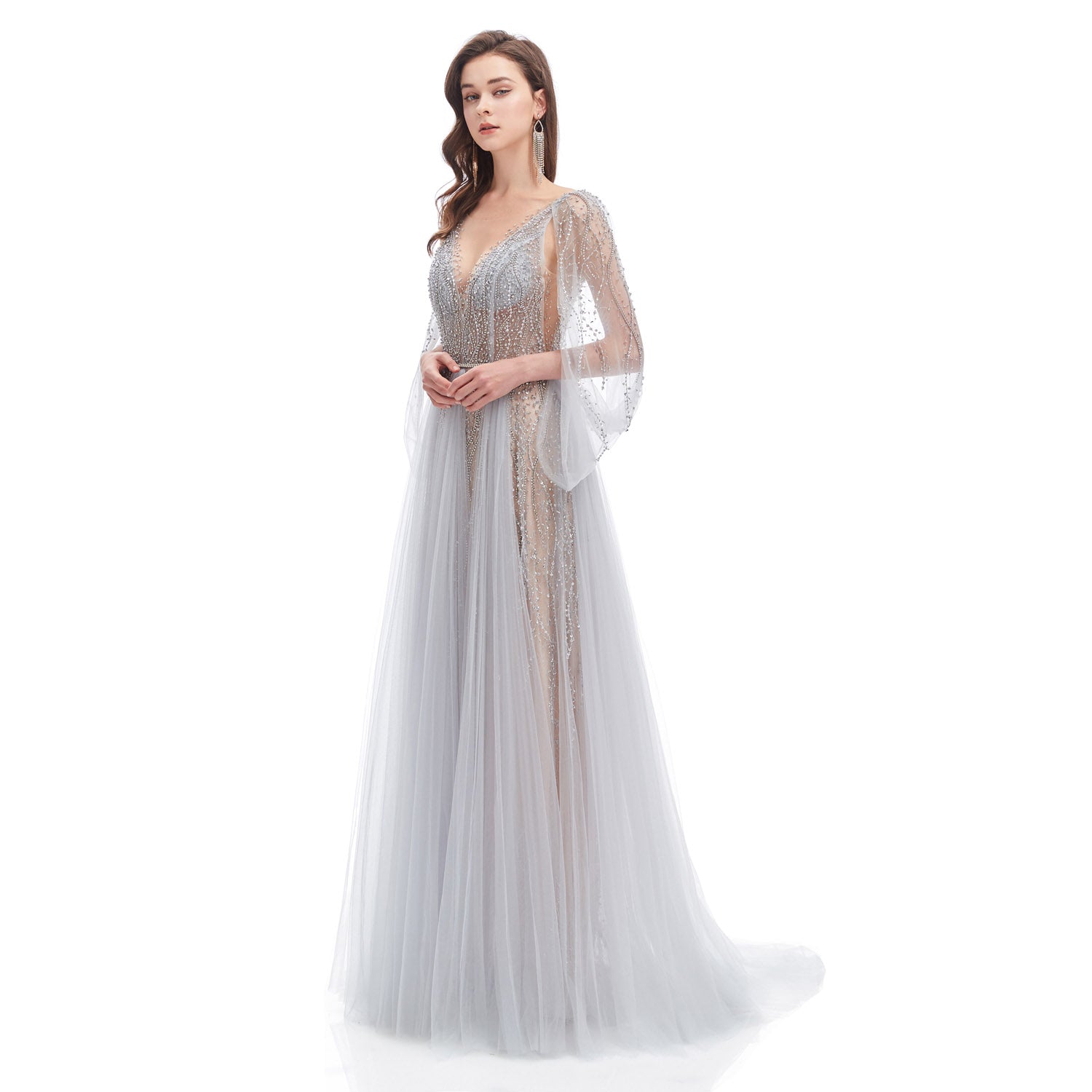 Gray Sparkly Maxi Full Length Formal Evening Dress EN4612