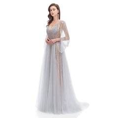 Gray Sparkly Maxi Full Length Formal Evening Dress EN4612