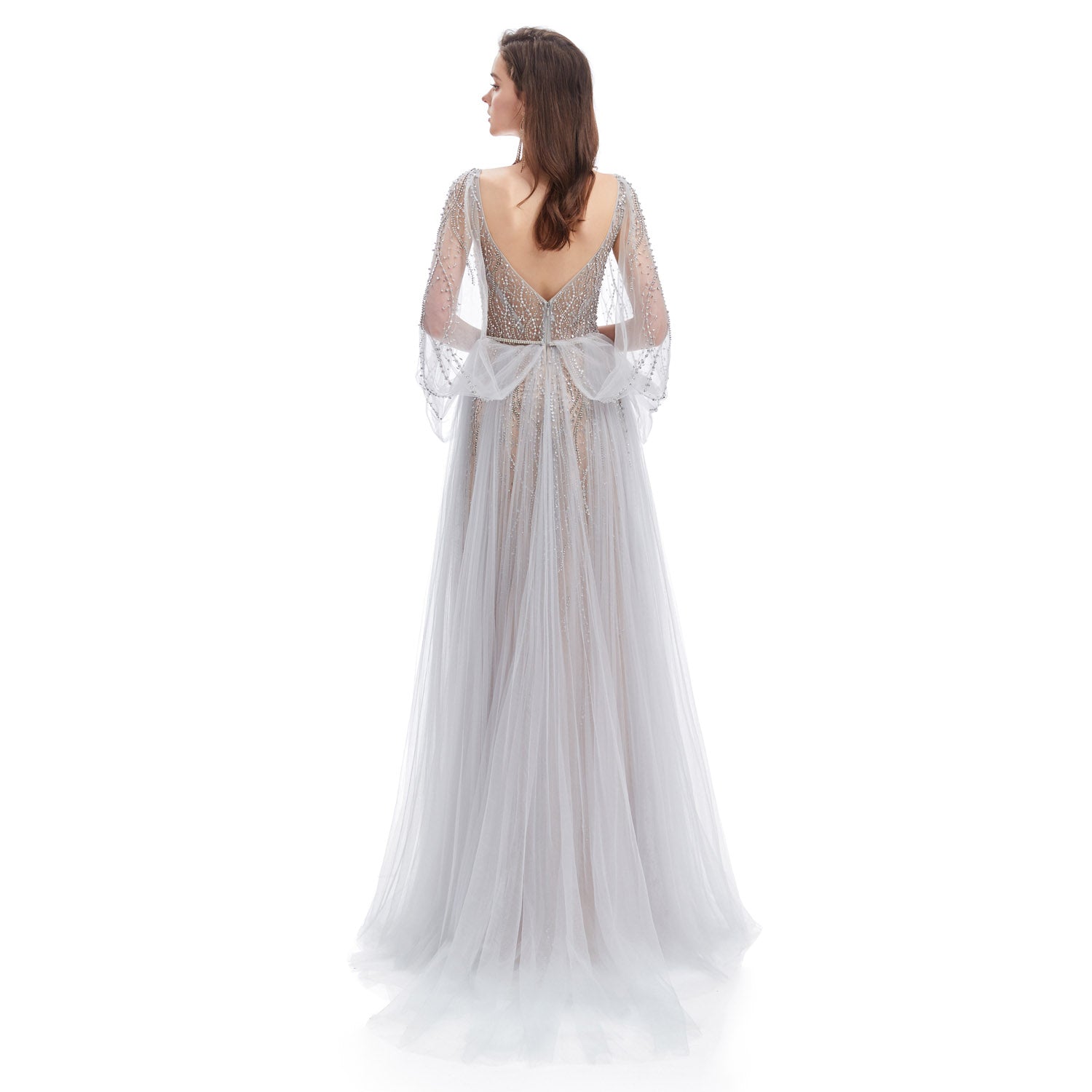 Gray Sparkly Maxi Full Length Formal Evening Dress EN4612