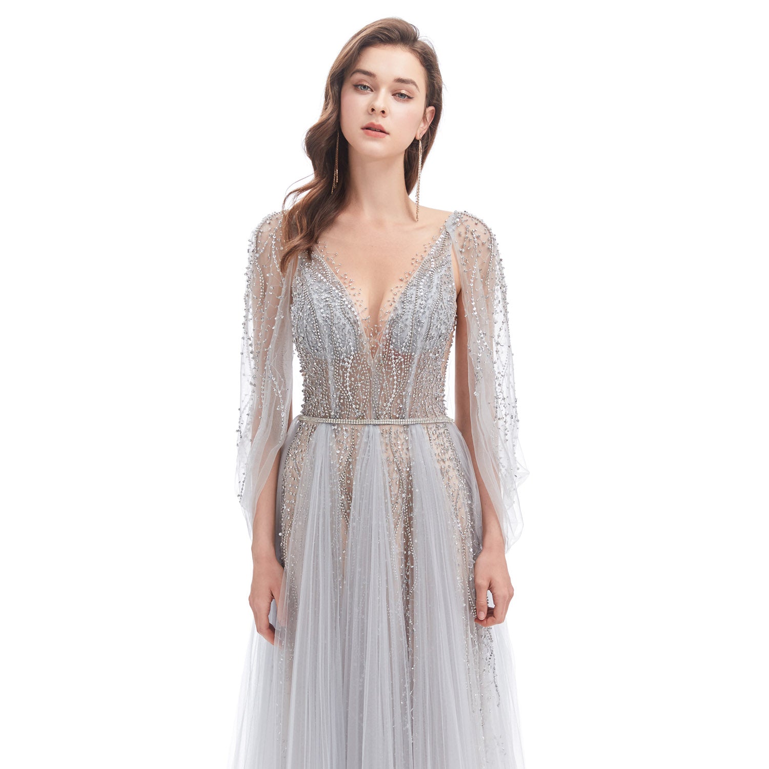 Gray Sparkly Maxi Full Length Formal Evening Dress EN4612