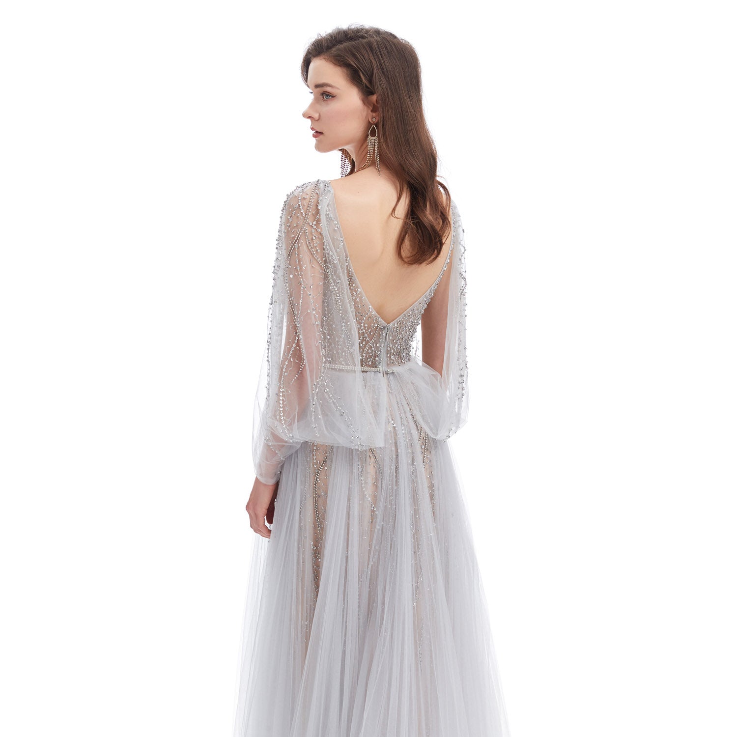 Gray Sparkly Maxi Full Length Formal Evening Dress EN4612