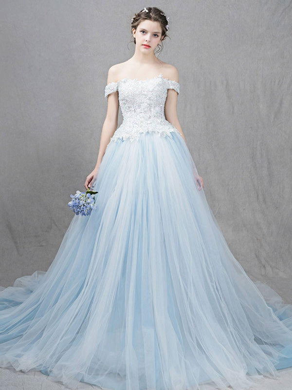 Ice Blue Ball Gown Formal Dress with Off Shoulder Straps
