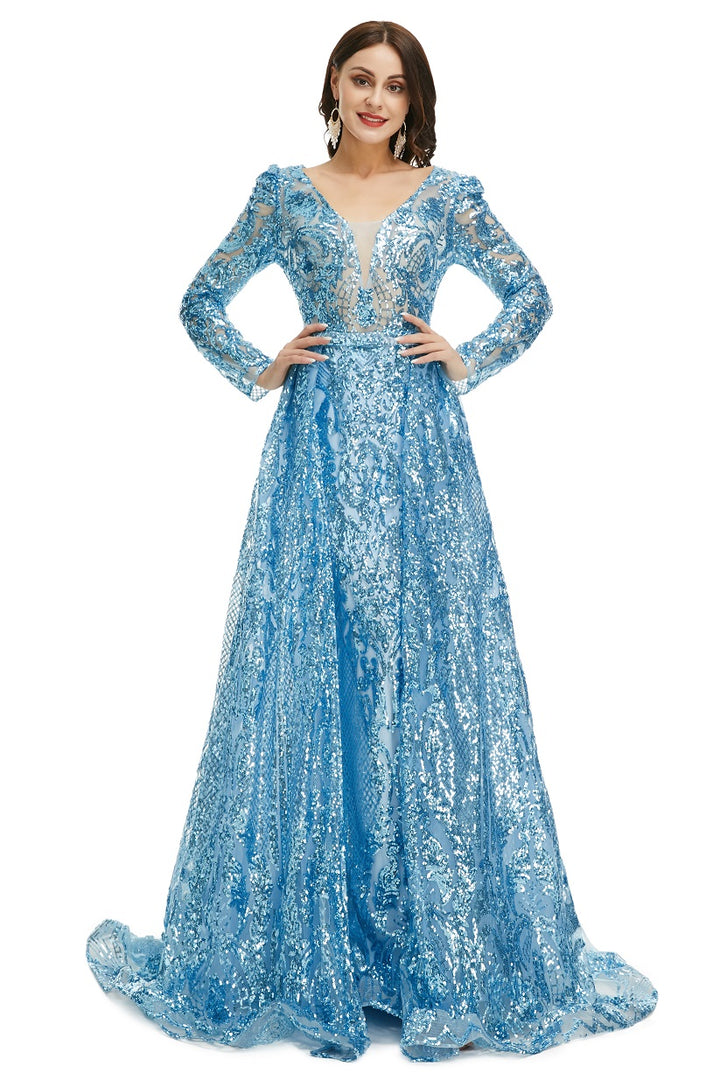 Ice Blue Sequins Formal Gala Prom Evening Dress with Side Slit EN5016