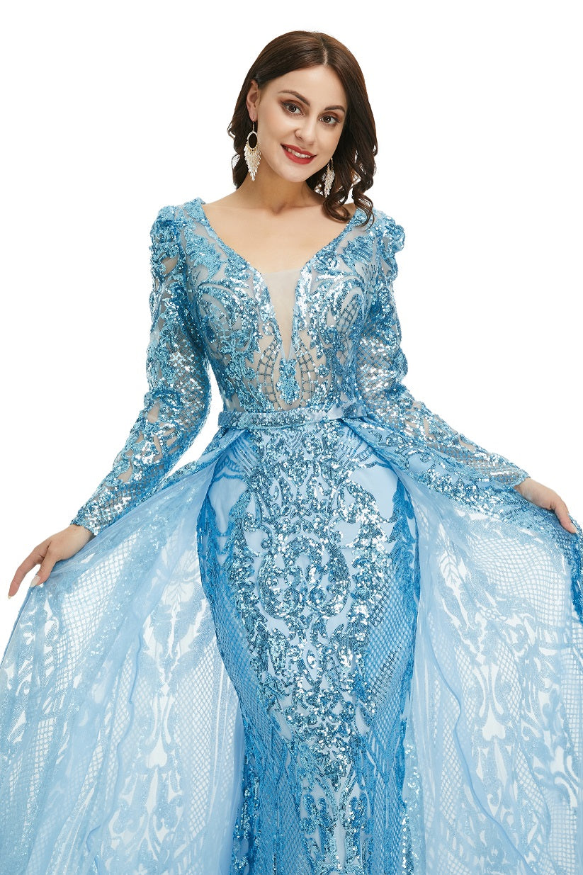 ice blue long sleeve dress Ice Blue Sequins Formal Gala Prom Evening Dress with Side Slit EN5016 Size 16W / Blue ice blue long sleeve dress Ice Blue Sequins Formal Gala Prom Evening Dress with Side Slit EN5016 Size 16W / Blue
