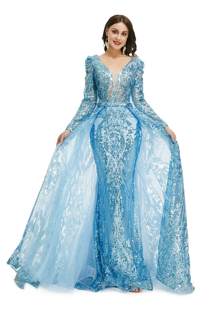 Ice Blue Sequins Formal Gala Prom Evening Dress with Side Slit EN5016