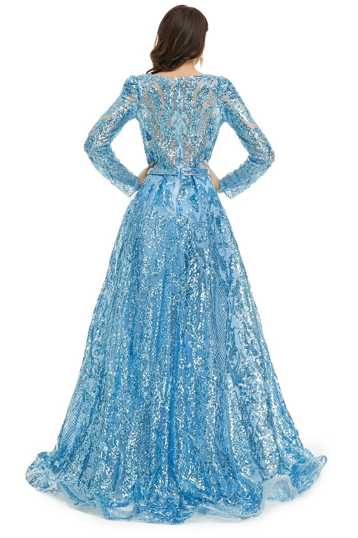 Ice Blue Sequins Formal Gala Prom Evening Dress with Side Slit EN5016