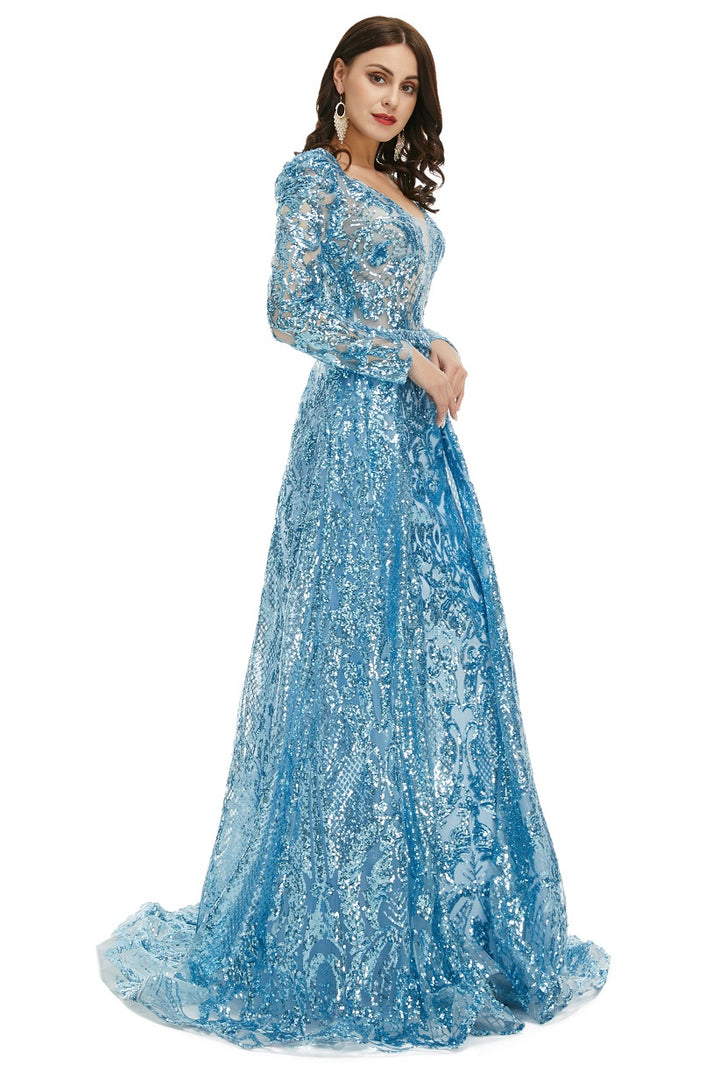 Ice Blue Sequins Formal Gala Prom Evening Dress with Side Slit EN5016