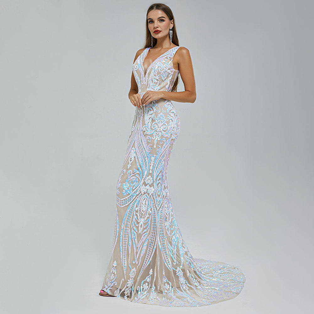 Iridescent Sequins Maxi Mermaid Formal Prom Evening Dress EN5409