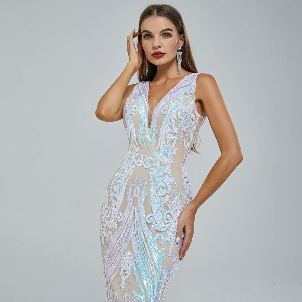 Iridescent Sequins Maxi Mermaid Formal Prom Evening Dress EN5409 Size 6 / White Iridescent Sequins Maxi Mermaid Formal Prom Evening Dress EN5409 Size 6 / White