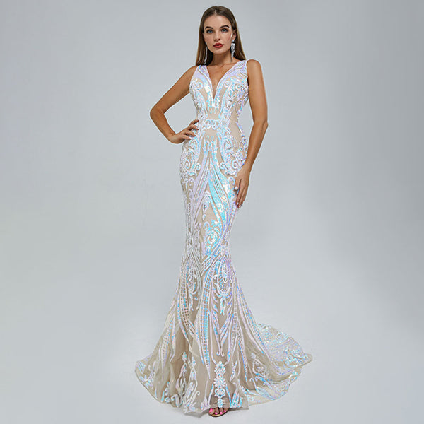 Iridescent Sequins Maxi Mermaid Formal Prom Evening Dress EN5409