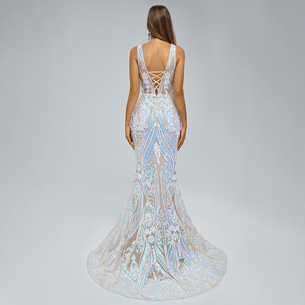 Iridescent Sequins Maxi Mermaid Formal Prom Evening Dress EN5409