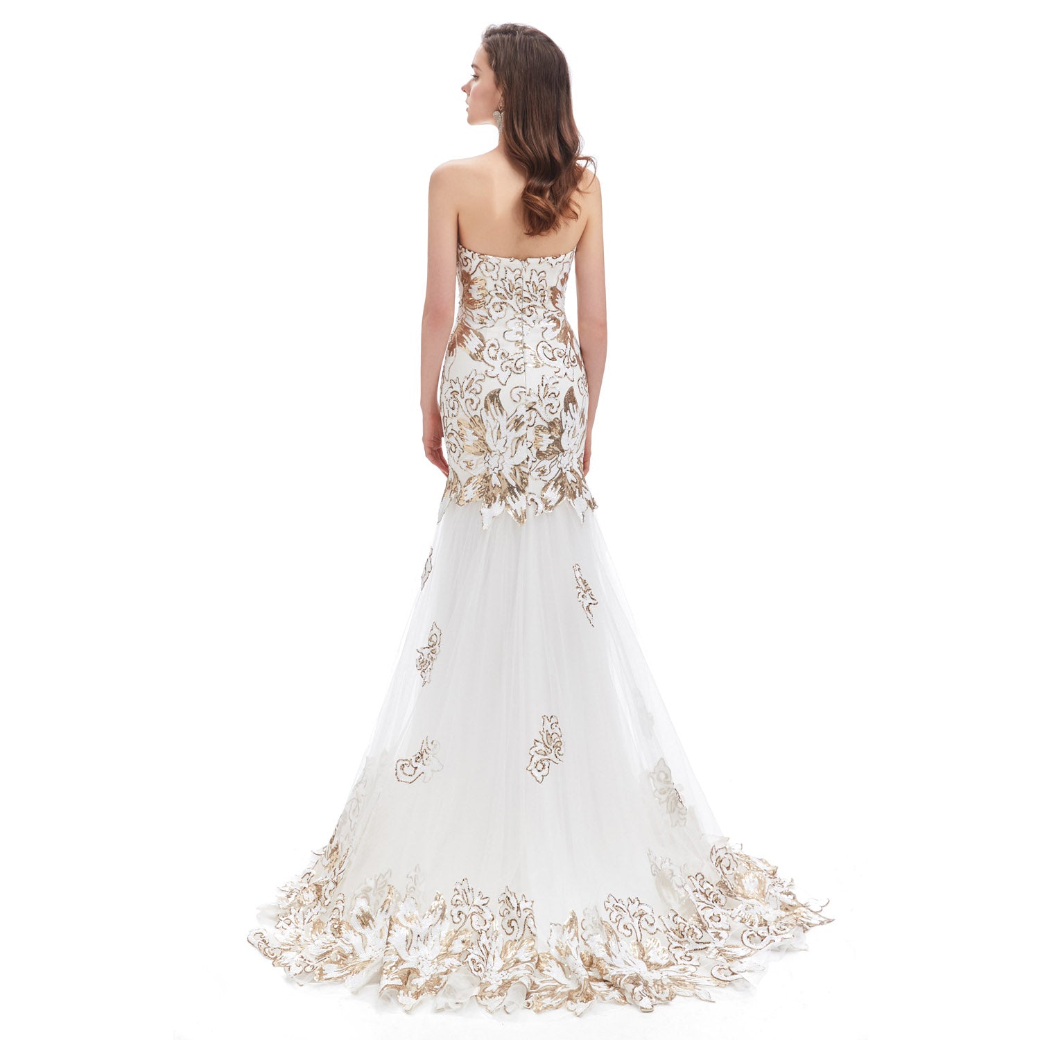 Strapless Ivory and Gold Sequins Fitted Formal Evening Dress EN4604