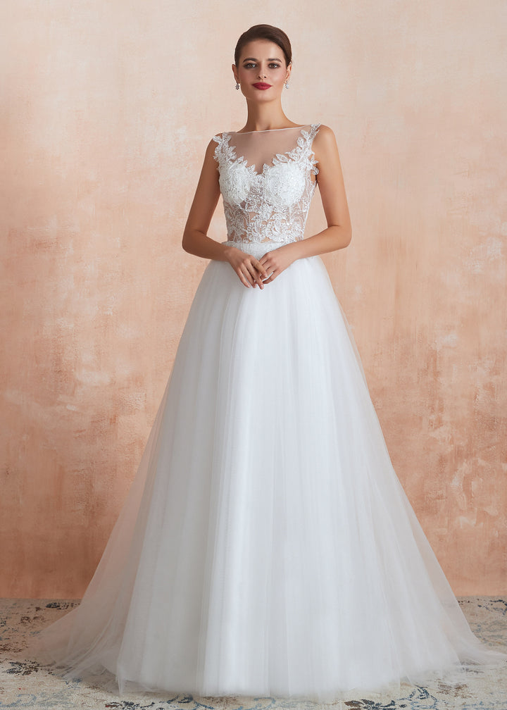 Sleeveless Lace Wedding Dress with Tulle Skirt