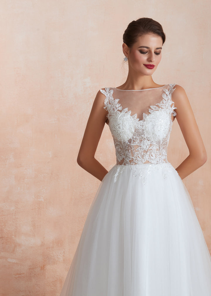Sleeveless Lace Wedding Dress with Tulle Skirt