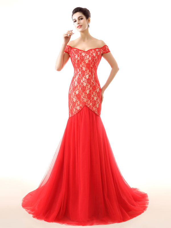 Red Off Shoulder Lace Mermaid Formal Prom Evening Dress EN119