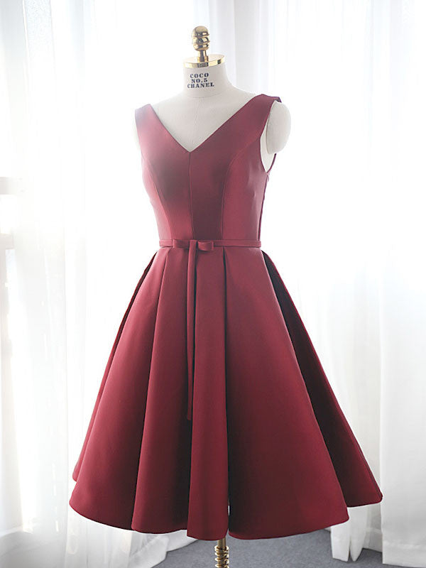 Dark Red Short Satin Bridesmaid Dress 