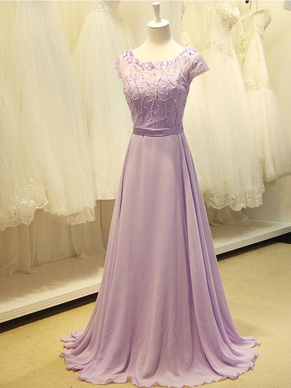 Grecian Modest Lavender Floral Prom Formal Evening Dress